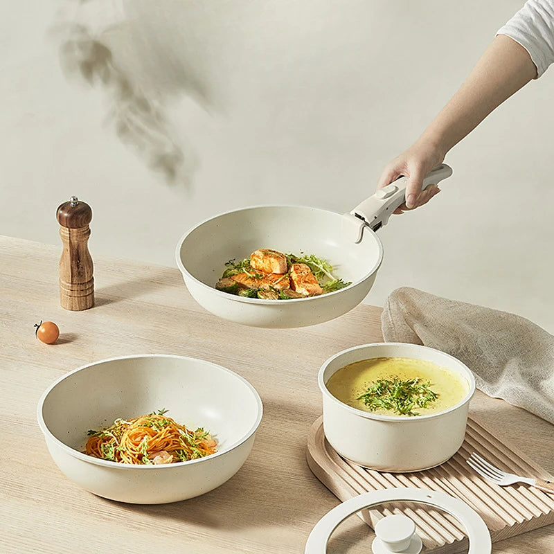 Nonstick Cookware Set – White, Detachable Handle