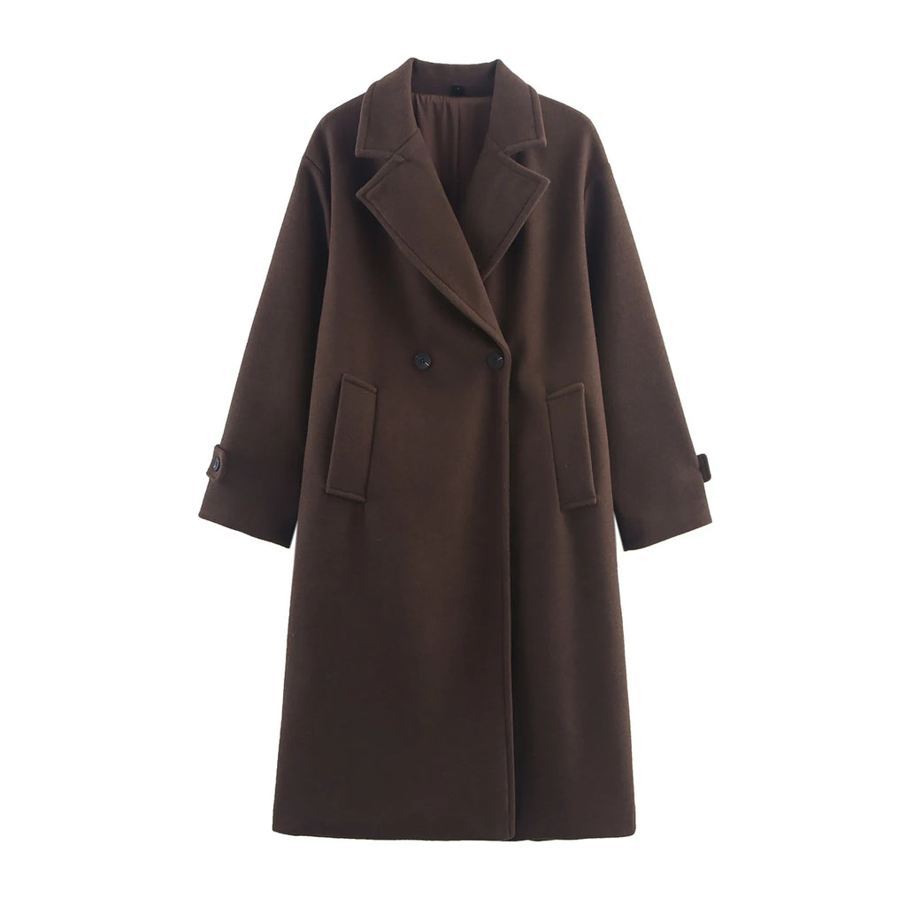 Women's Double-Breasted Woolen Coat – Elegant Long Notch Collar Autumn Winter Coat