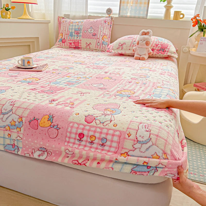 Flannel Fleece Fitted Bed Sheet – Warm Cartoon Purple, Elastic Single to King, Winter Bedsheet