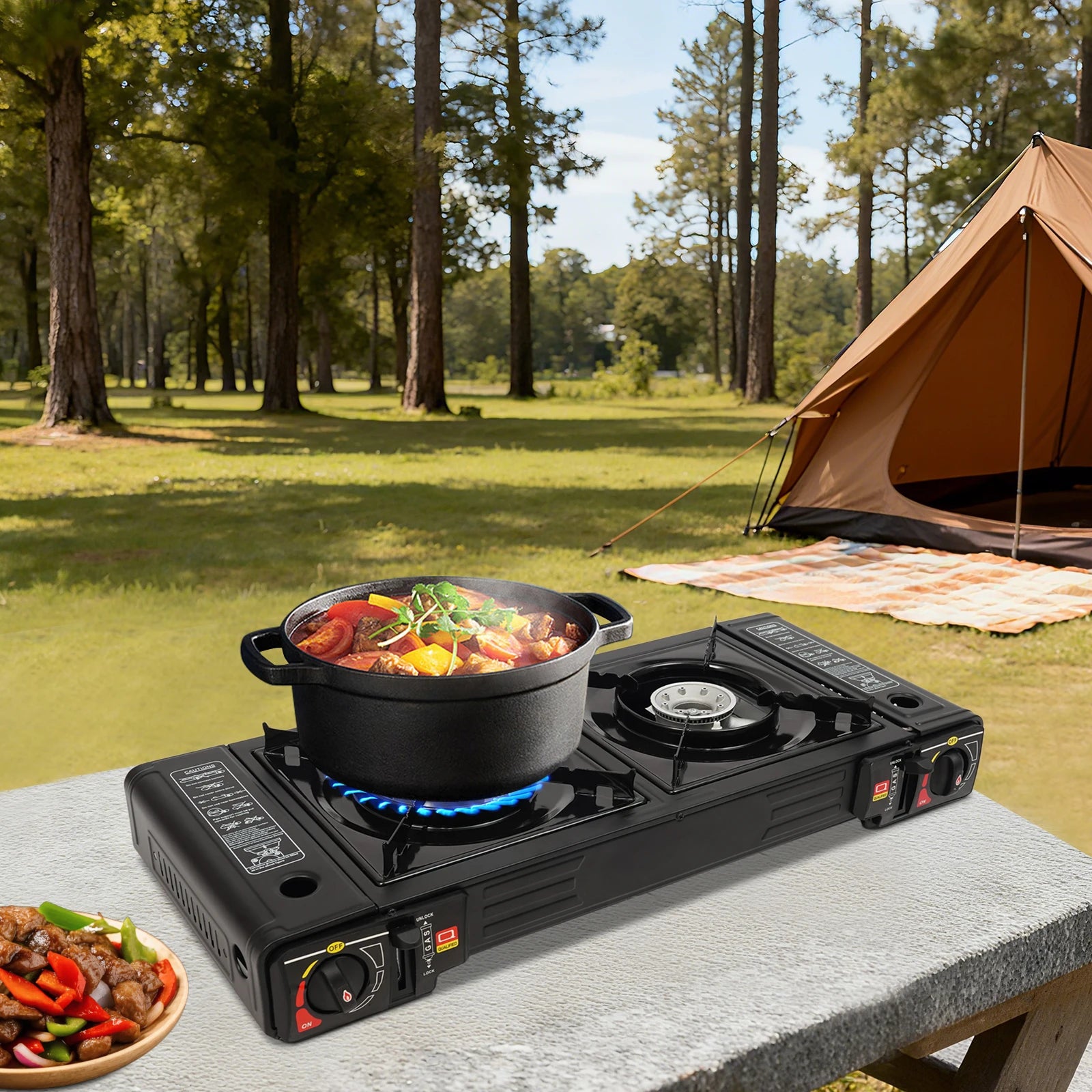 2-Burner Portable Camping Stove — 2500W Each, Butane/LPG, Piezo Ignition, Carry Case Included