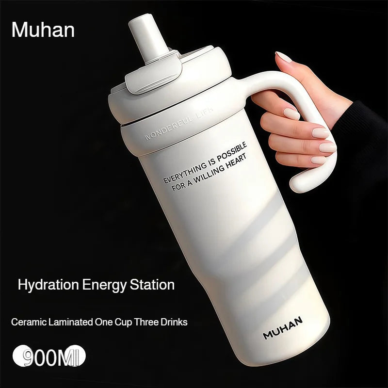 900ml Ceramic Interior Tumbler with Handle & Straw – 201 SS Shell, Dishwasher Safe, 24Hr Cold, Modern Minimalist, 3 Colors