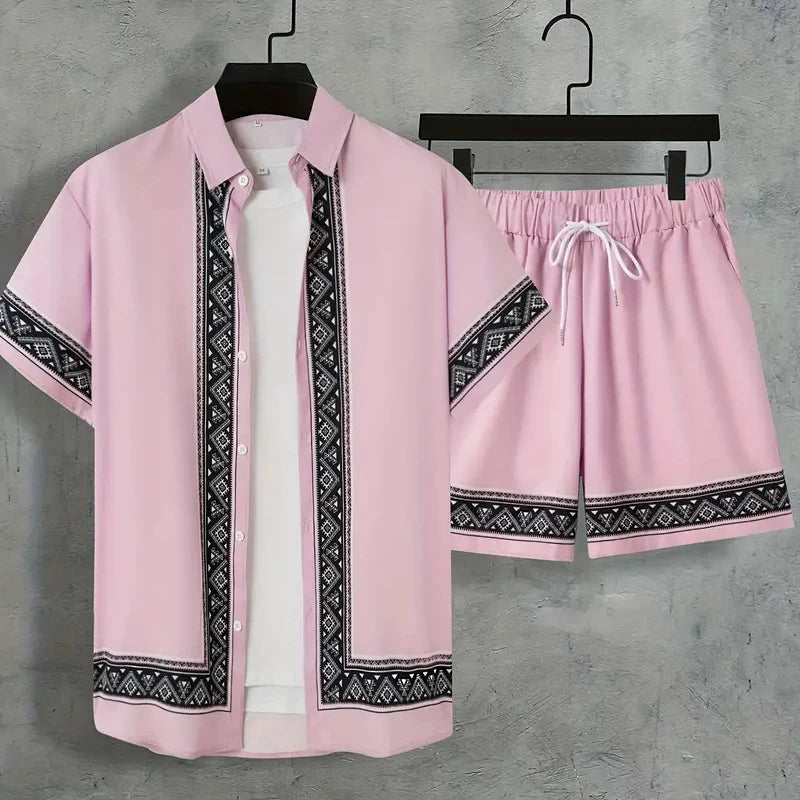 Men's Hawaiian Paisley Print Shirt & Drawstring Shorts Beach Party Set