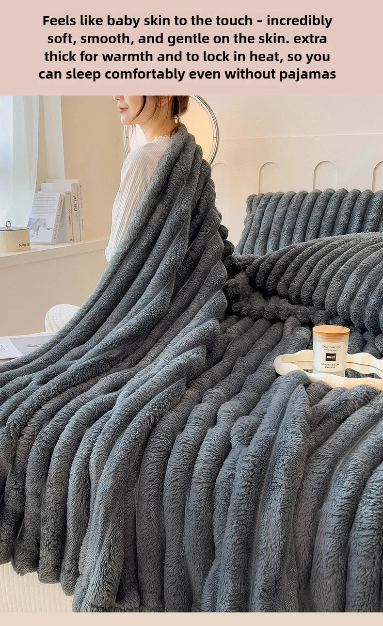Striped Plush Blanket – Soft Faux Rabbit Fur Throw