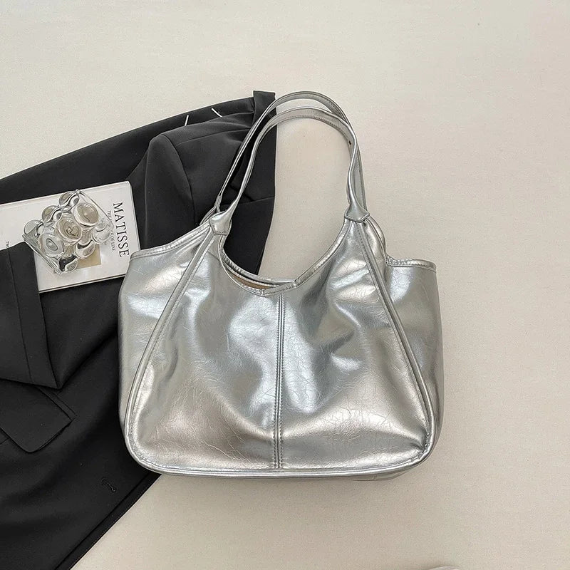 Silver TPU Large Capacity Tote Bag – Luxury Business Shoulder Handbag for Women