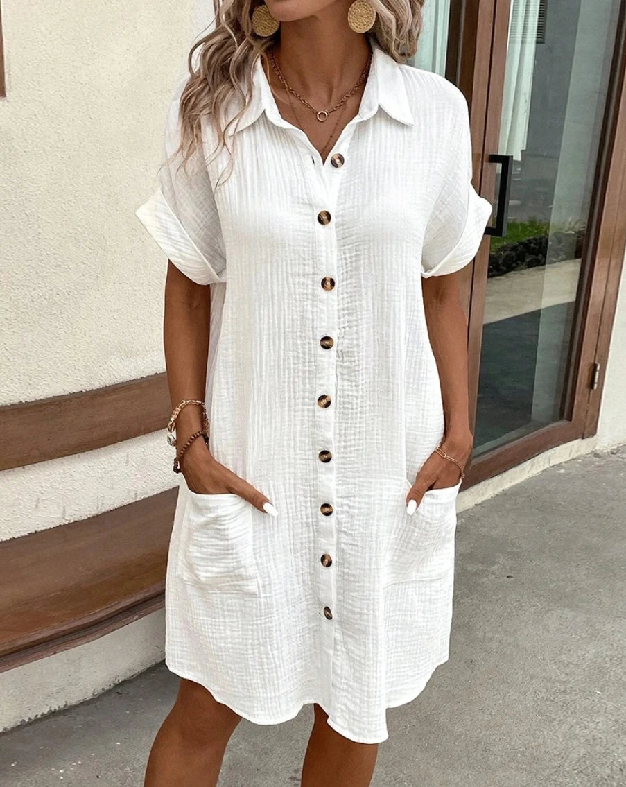 V-Neck Cotton Linen Mini Dress — Three-Quarter Sleeve Casual Holiday Dress