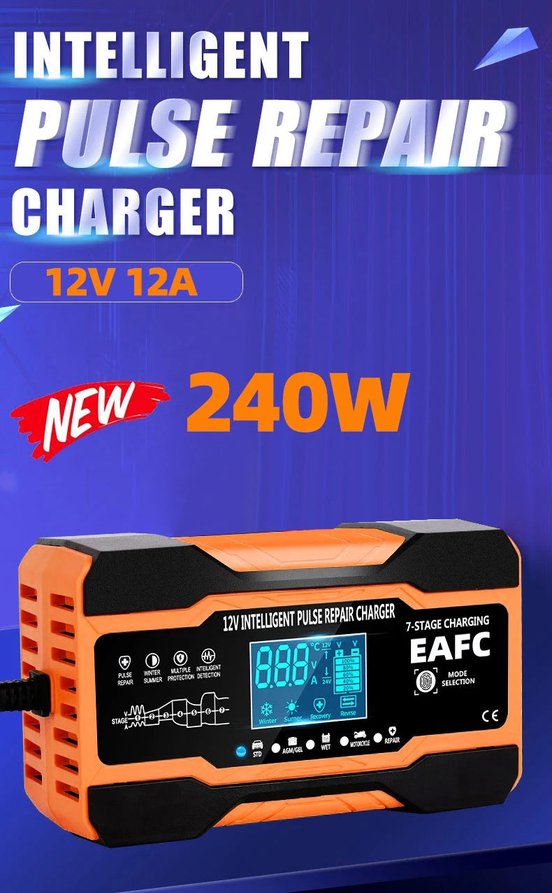 12V/24V Smart Battery Charger – 7-Stage Fast Charging & Pulse Repair for AGM, GEL, WET & Lead Acid Batteries