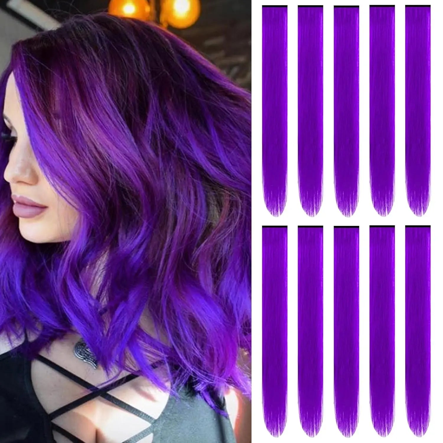 Synthetic 10PC Colored Clip-In Hair Extensions — Kinky Straight, High Temp Fiber, 70g Set