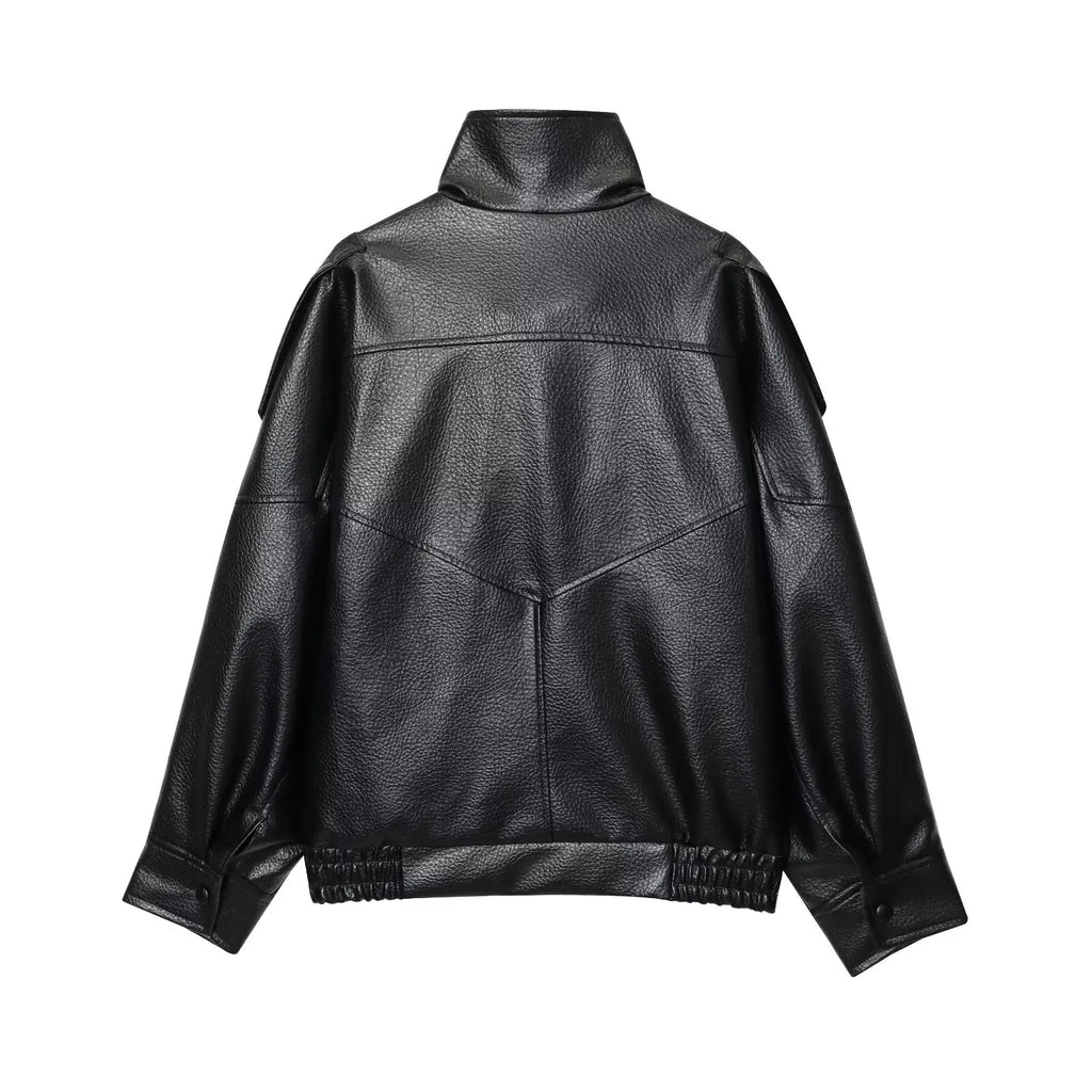 TFMLN Chic Black Faux Leather Jackets Women Long Sleeve Buttons Elastic Oversized Coats Fashion 2025 Autumn Winter Streetwear