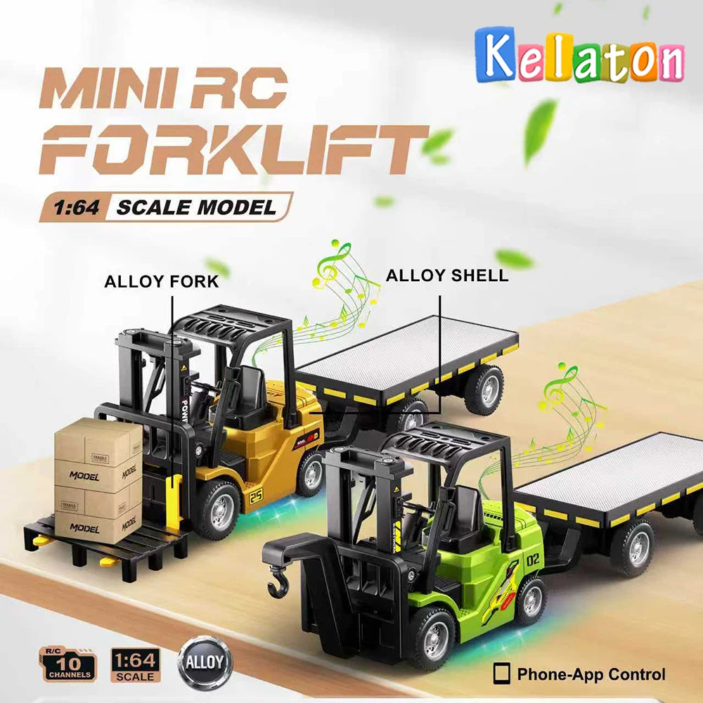 1:64 Scale Bluetooth RC Crane & Forklift 2-in-1 Desktop Mini Alloy Toy Car with Trailer