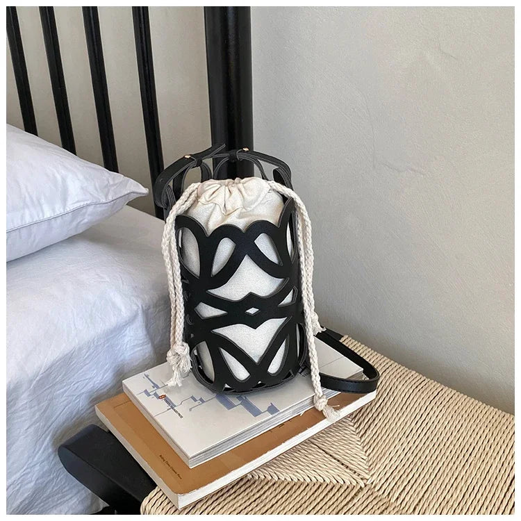 Brilliant Fish Hollow Out Drawstring Mini Bucket Crossbody Bag – Adjustable Strap Shoulder Bag for Women