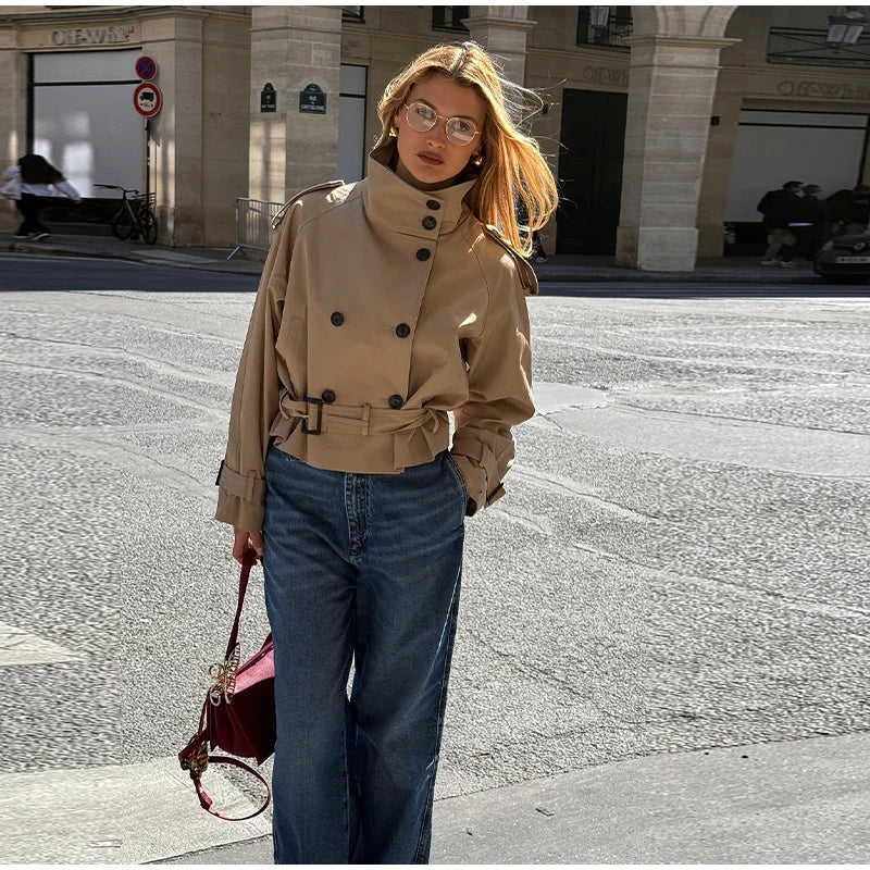 Women's Double-Breasted Cropped Trench Coat – Chic Vintage Office Jacket