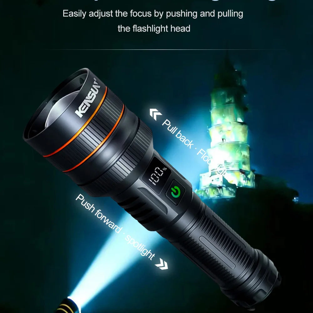 2500 Lumen Long Range LED Flashlight – IPX7 Waterproof, Type-C, 5 Modes, Power Bank Function