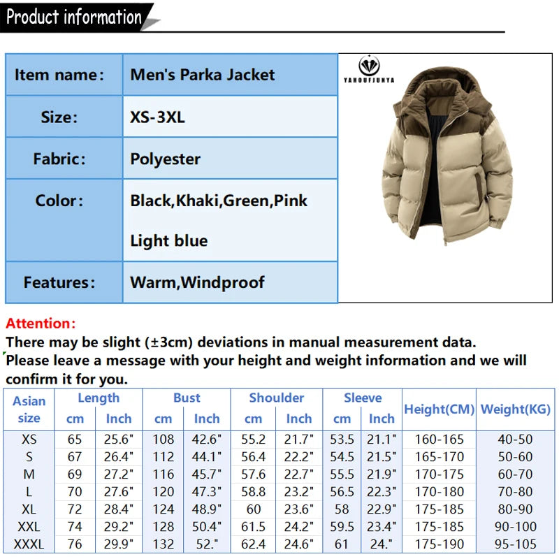 Men's Removable Hooded Windbreaker Parka Jacket – Warm Casual Outerwear for Autumn & Winter