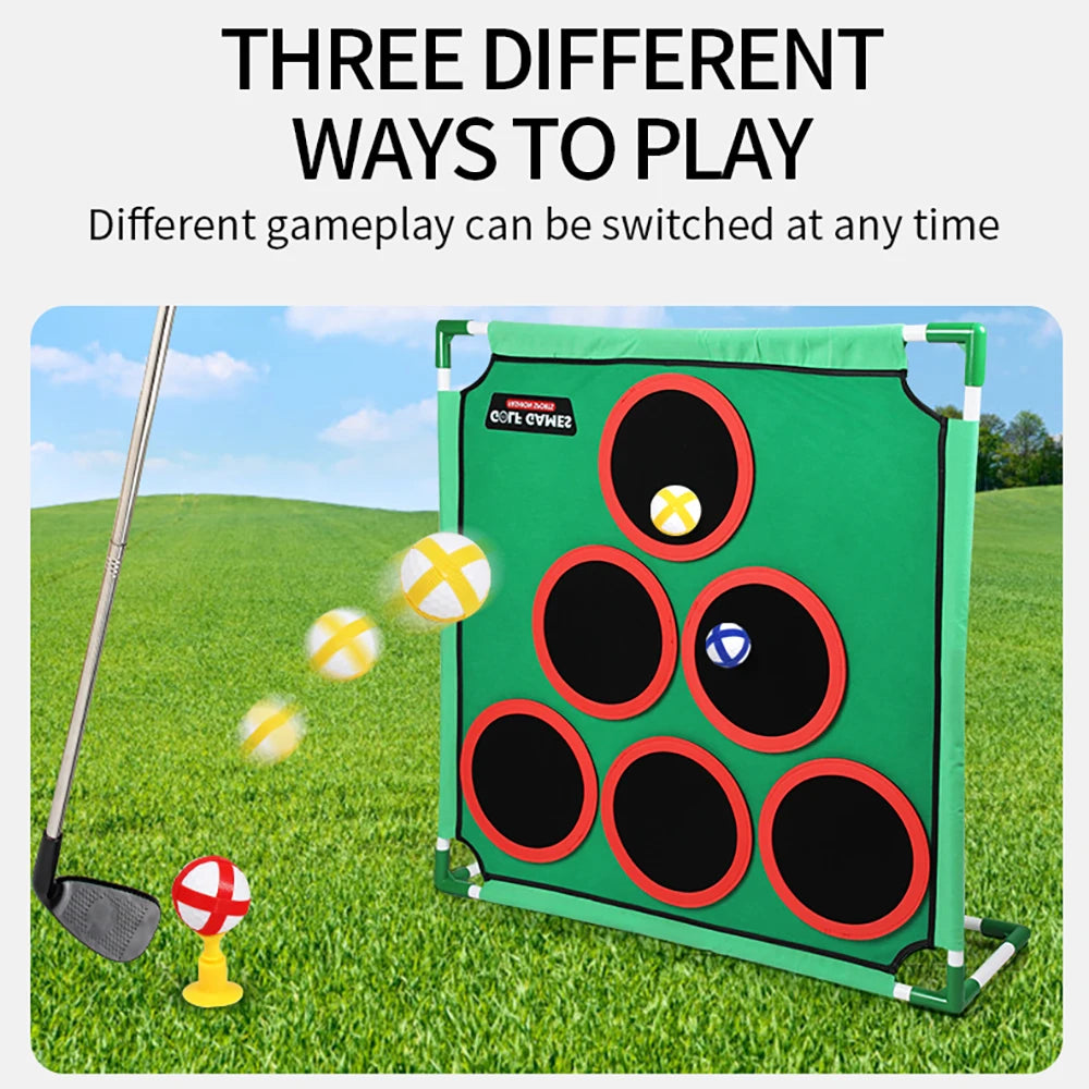 Golf practice target with balls and golf club on a grassy background