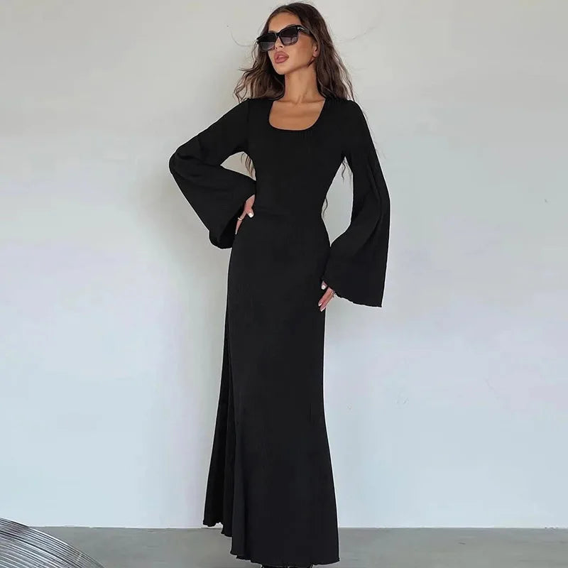 Long Flare Sleeve Maxi Dress — Slim Lace-Up Floor-Length Casual Office Dress