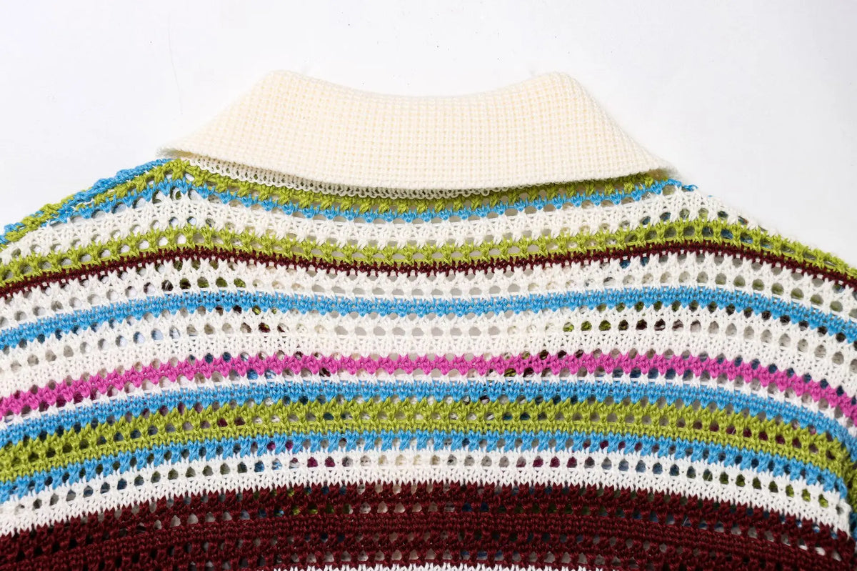 Women's Y2K Crochet Knit Crop Sweater & Shorts Set – Polo Collar Striped Patchwork Hollow Out