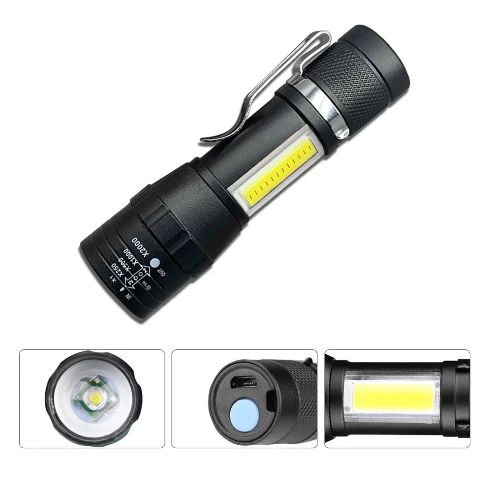 USB Rechargeable Mini Zoomable Flashlight – COB+XPE 3-Mode Camping & Emergency Torch