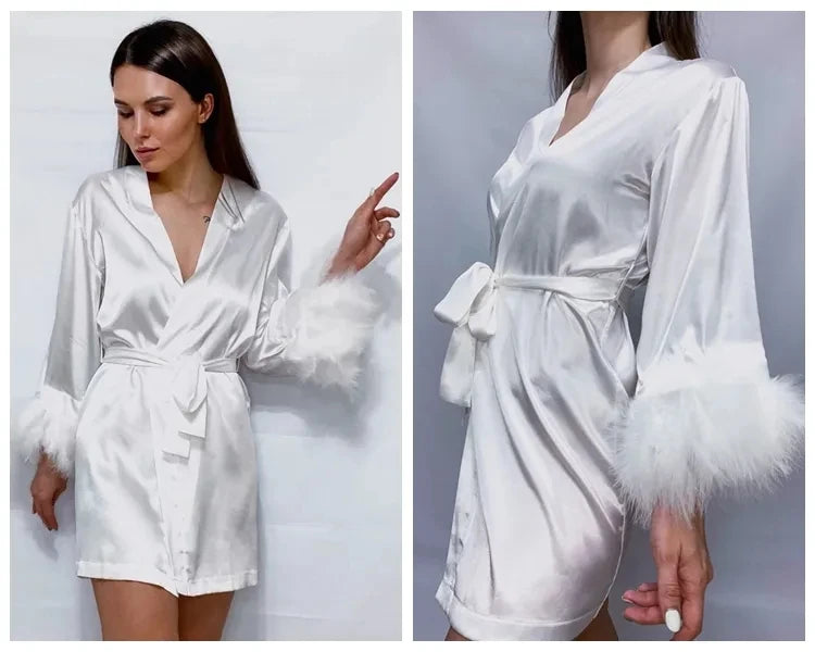 White Feather & Fur Trim Satin Robe | Bridal Nightgown Bathrobe for Women