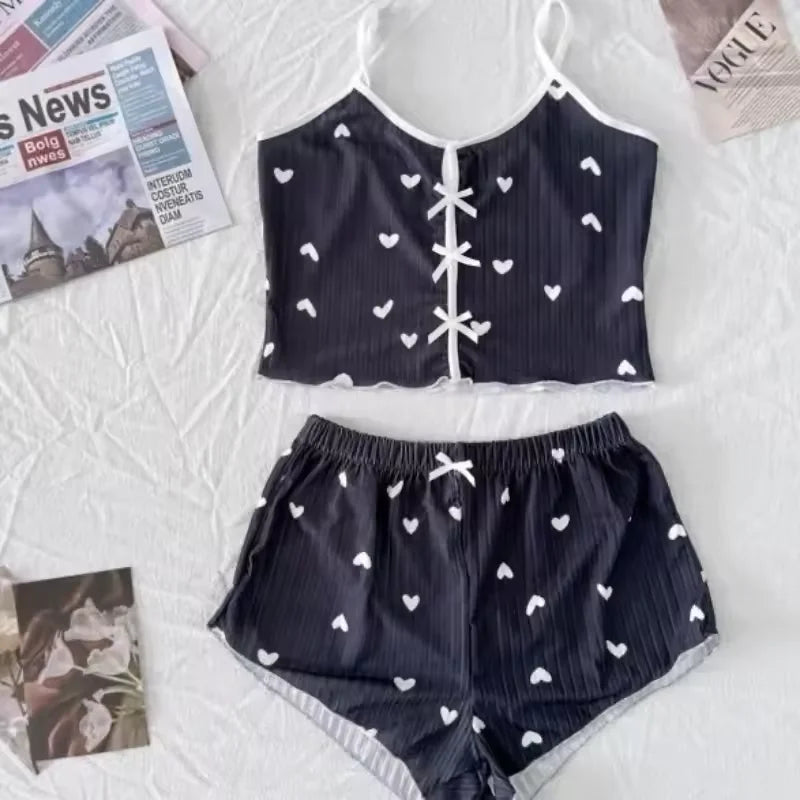 Women's Heart Print Frill Trim Cami Top & Shorts Loungewear | Soft Ribbed Pajama Set