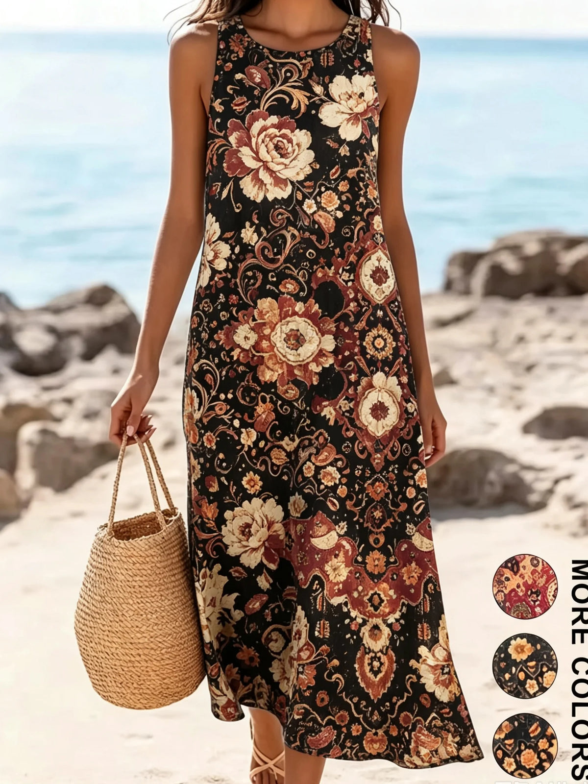 Women's Bohemian Floral Sleeveless MIDI Sundress with Pockets – Loose Sweetheart Beach Dress 2026