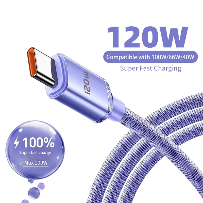 120W. Braided. Any Length. — USB-C to USB-C 120W Super Fast Charging Cable | 0.25m, 1m, 1.5m & 2m, Samsung, Xiaomi, Huawei, Realme, Blue, Black & Purple