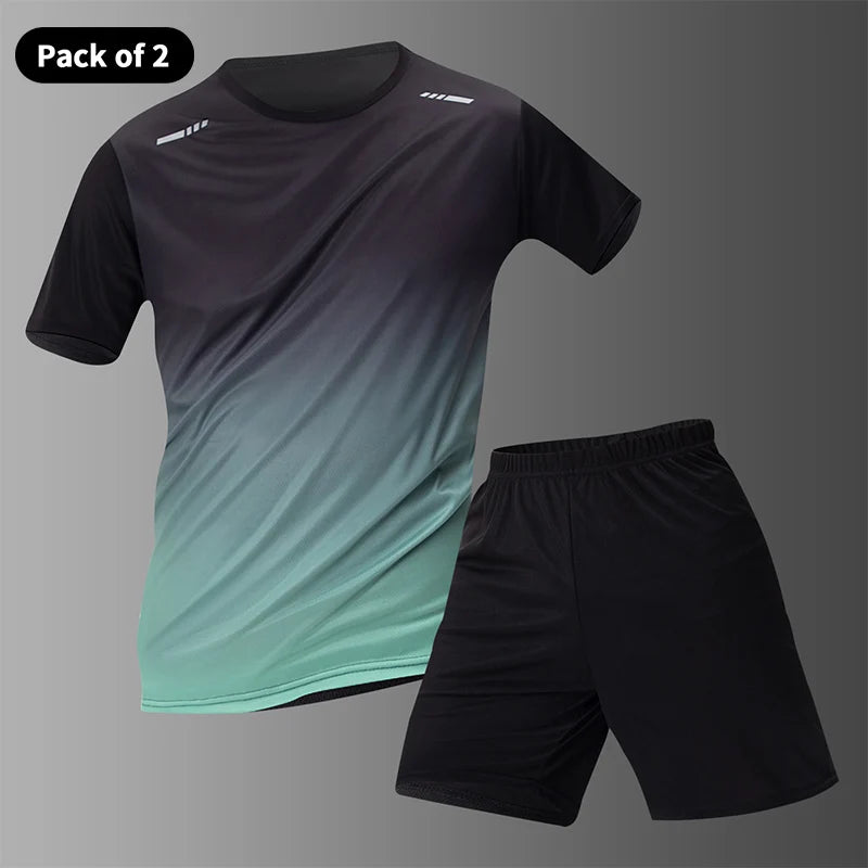 Men's Gradient Multi-Color Short Sleeve & Shorts Sport Set – Breathable Casual 2–4 Piece
