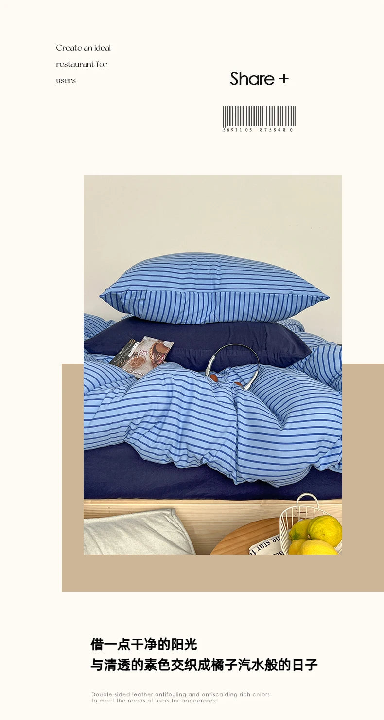 Stripe Print Washed Polyester Bedding Set – 3 or 4-Piece Duvet Cover with Sheet & Pillowcases, 6 Colors