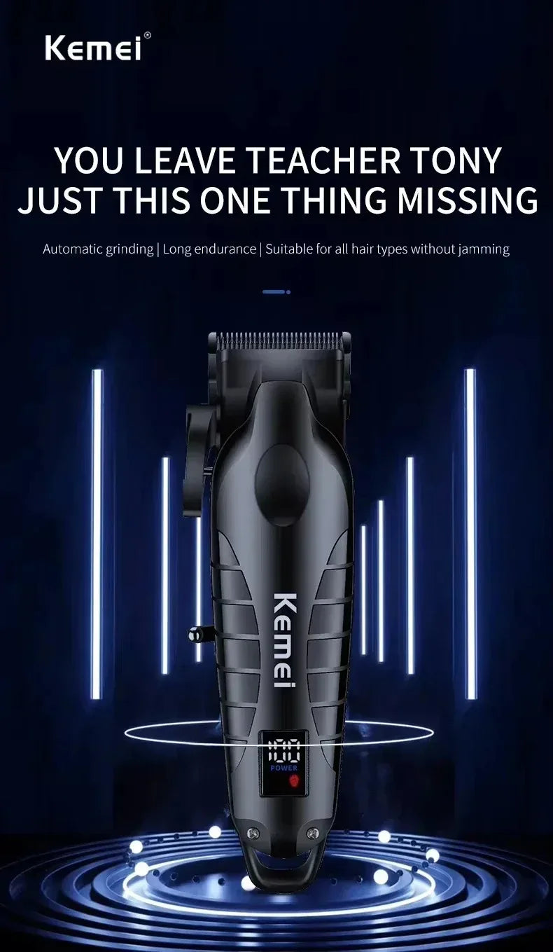 Kemei Professional Hair Clipper & Beard Trimmer – LCD Display, Wet/Dry, USB Fast Charge