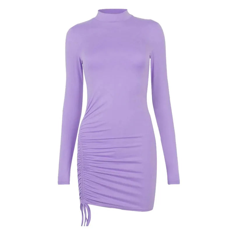 Long Sleeve O-Neck Drawstring Tight-Fitting Dress — Solid Slim Elegant Party Dress