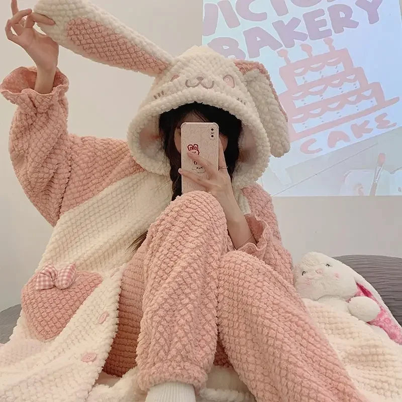 Women's Kawaii Coral Velvet Hooded Pajamas | Thickened Flannel Casual Homewear Suit