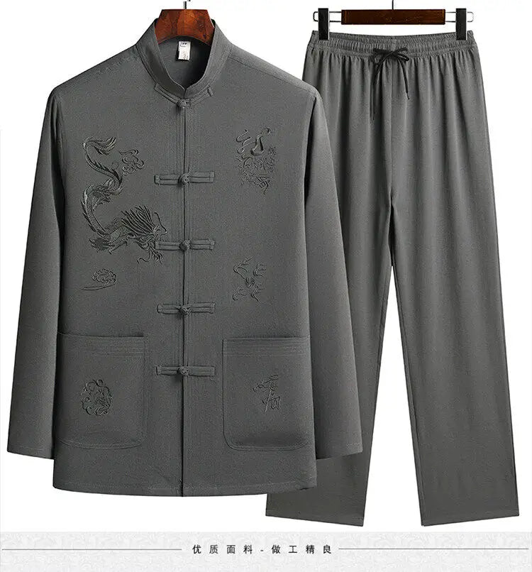 Men's Chinese Style Long Sleeve Shirt & Elastic Waist Pants Casual Set