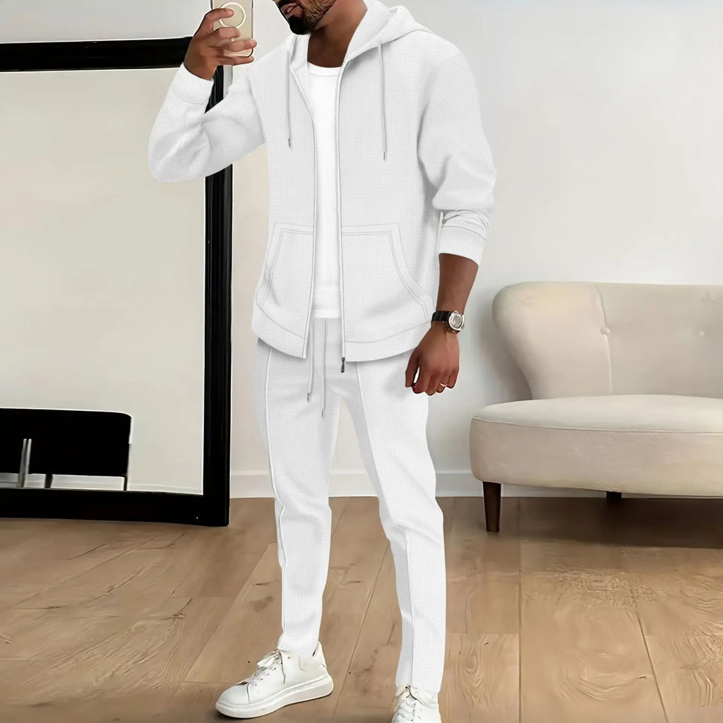 Men's Waffle Knit Slim-Fit Hooded Cardigan & Pants Tracksuit