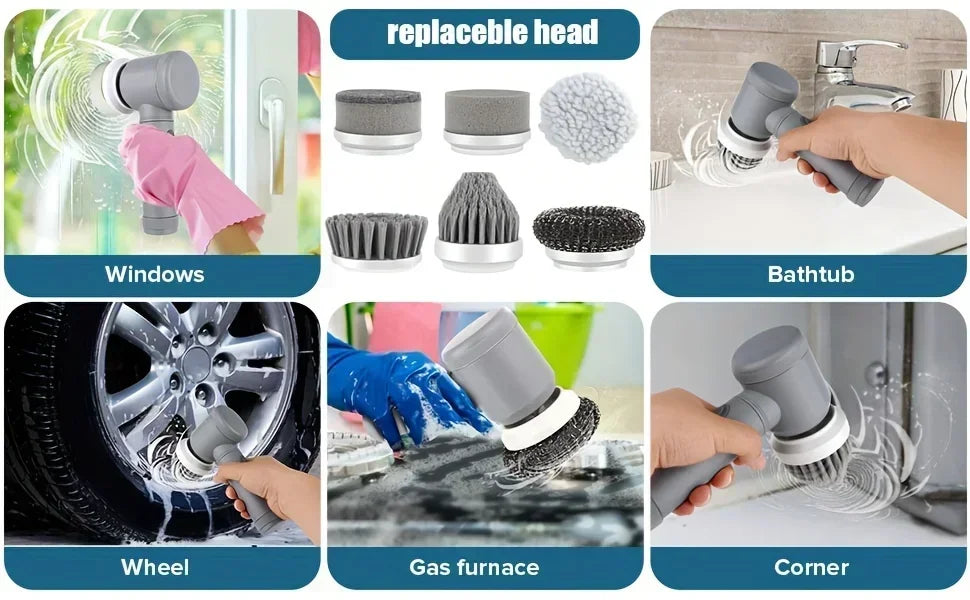 Electric Spin Scrubber – 5 Replaceable Brush Heads, 1500mAh Rechargeable, 450 RPM Cordless Cleaning Brush
