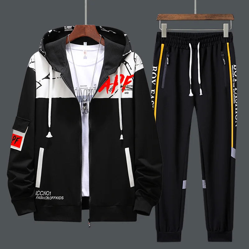 Men's Patchwork Hoodie & Sweatpants 2-Piece Tracksuit – Hip Hop Streetwear Set