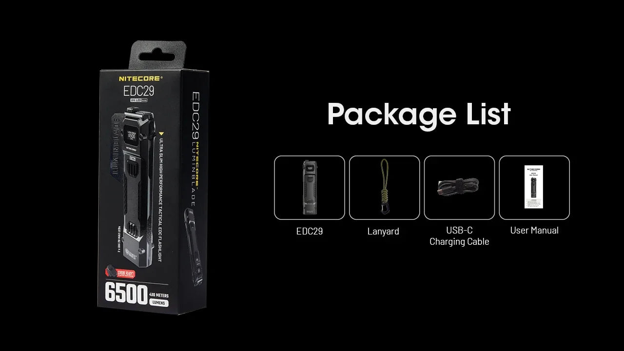 NITECORE EDC29 – 6500 Lumen USB-C Rechargeable EDC Flashlight with OLED Display & 2500mAh Battery
