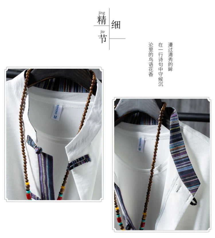 Men's 100% Cotton Linen Short Sleeve Shirt & Drawstring Pants Set