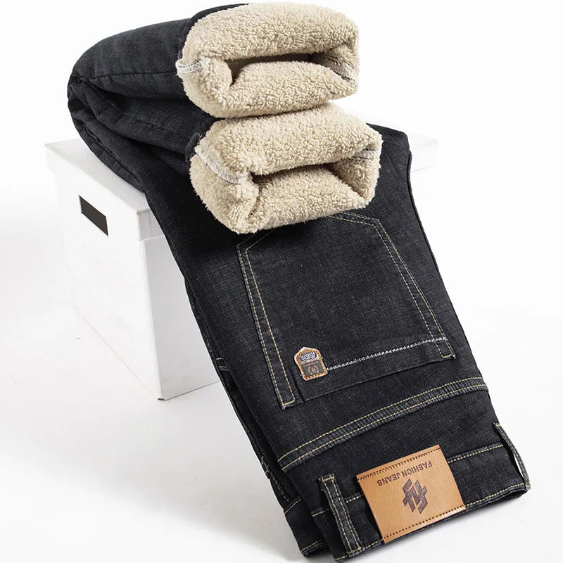 Men's Fleece-Lined Straight Denim Jeans — Warm Thick Winter Stretch Jeans