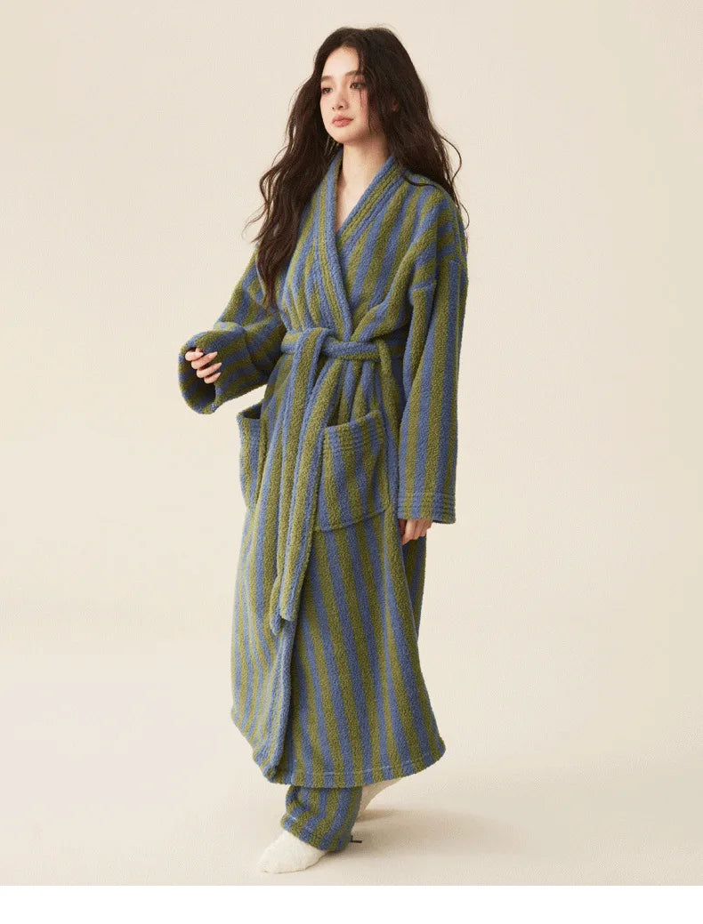 Women's Coral Velvet Striped Fleece Robe | Thick Plush Dressing Gown Loungewear