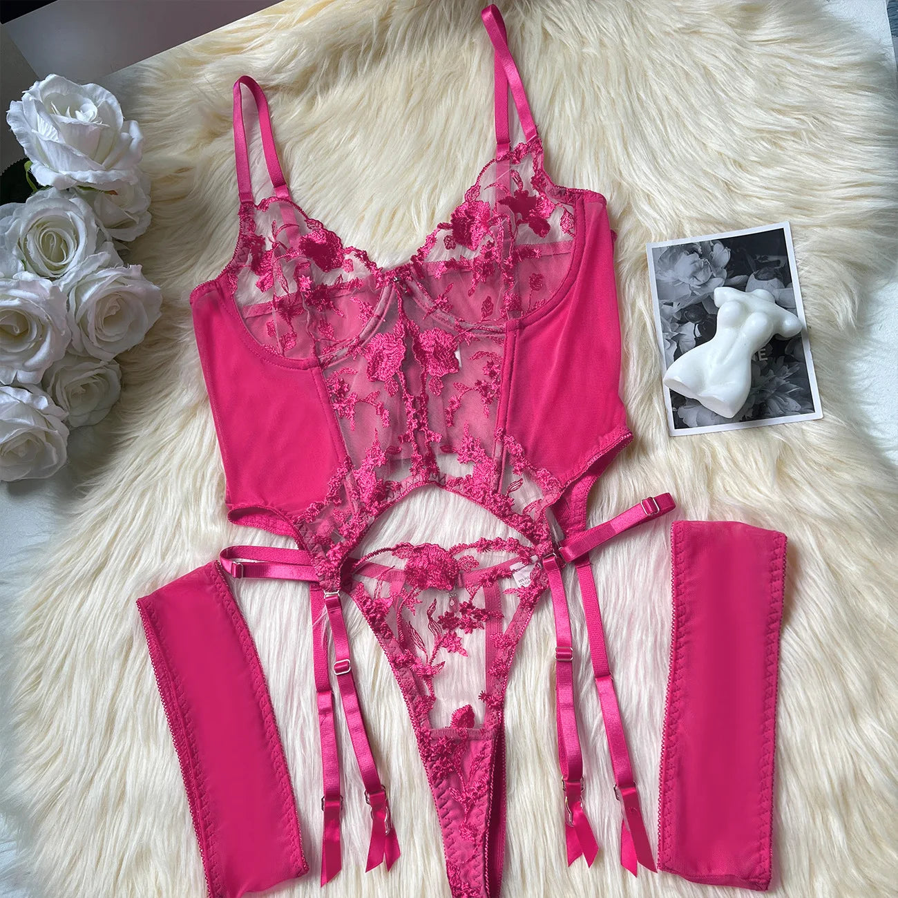 Sheer Embroidery Bra & Brief Set — Transparent Lace Underwear Suit