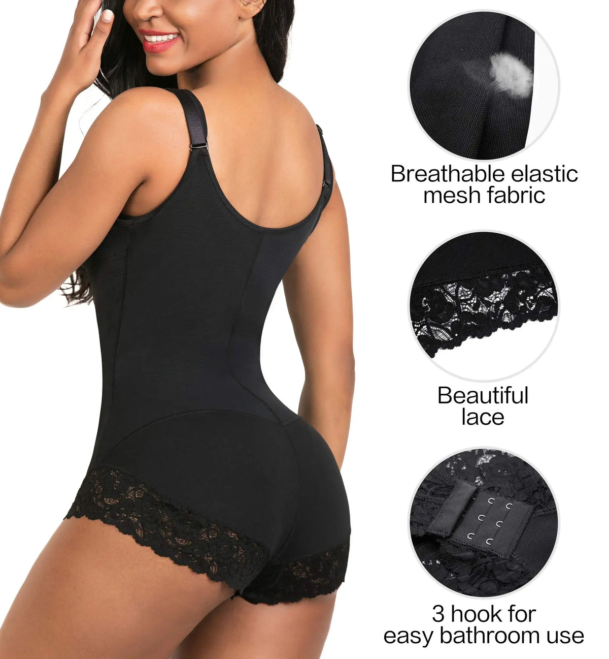 Fitneed Colombian Bodysuit Shaper – Medium Control, Lace Detail, Waist & Tummy, XS–XXXL, Beige & Black