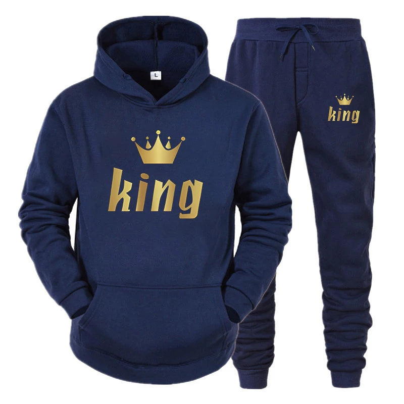 King & Queen Print Hoodie & Pants Set – Couple Autumn Winter Long Sleeve 2-Piece Suit
