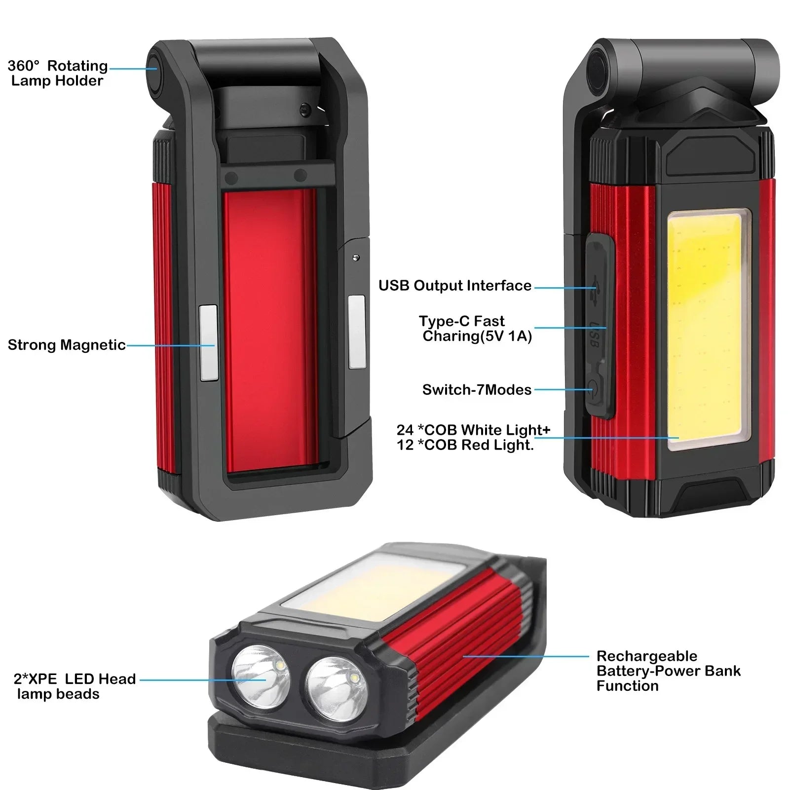 ESMARTER K011 XPE+COB Work Light – 600 Lumen, 5 Modes, Power Bank Function, IP64, USB Rechargeable
