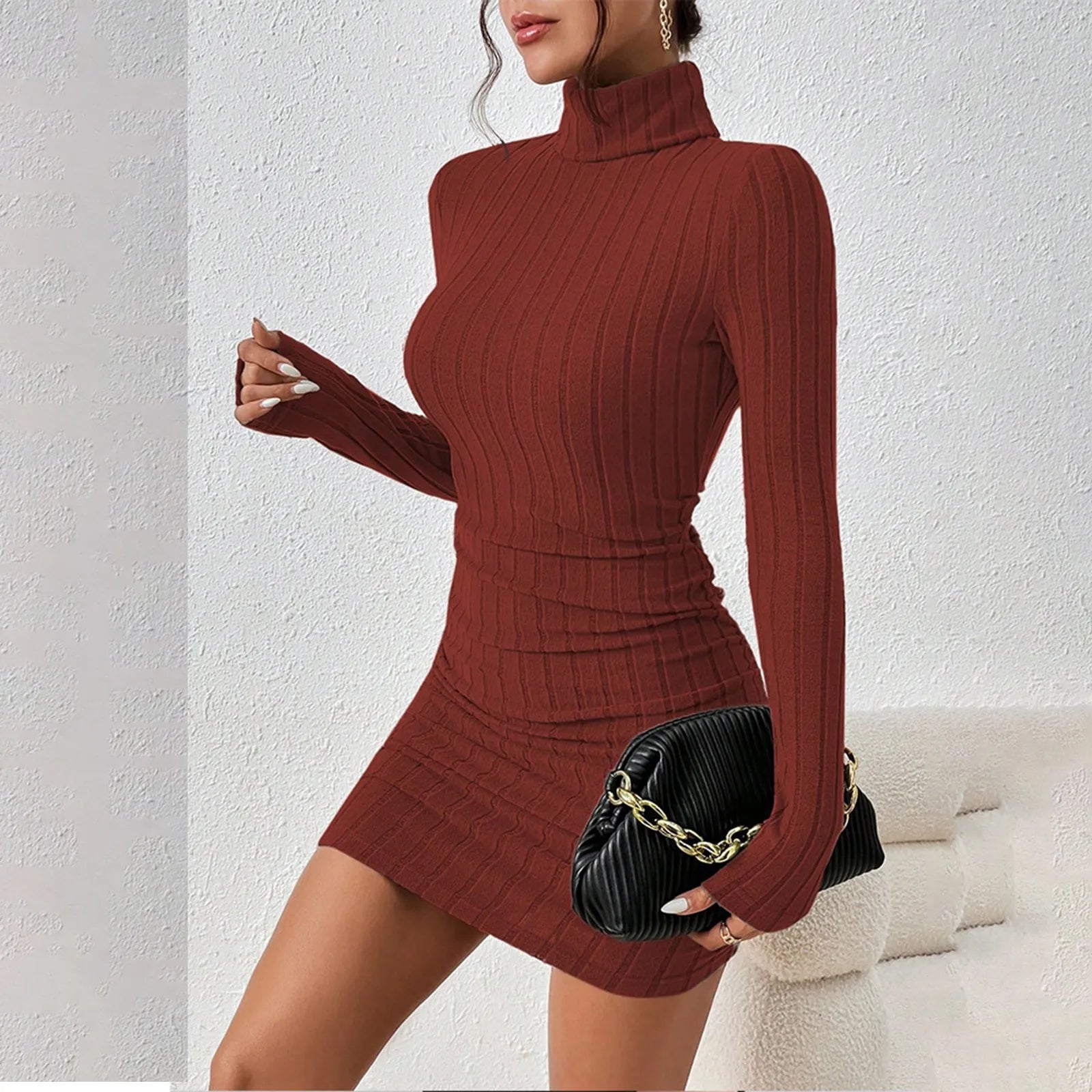 Knitted Turtleneck Bodycon Mini Dress — Slim Fit Party & Club Dress
