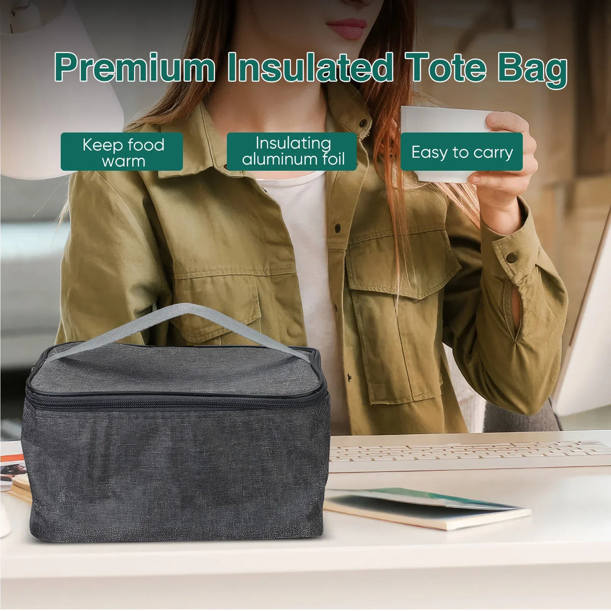 Person holding a premium insulated tote bag with features highlighted