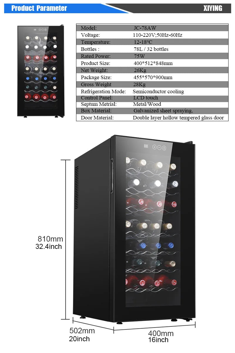 78L Freestanding Wine Cooler Fridge — 32-Bottle Stainless Steel Wine Cabinet for Household & Hotel Use