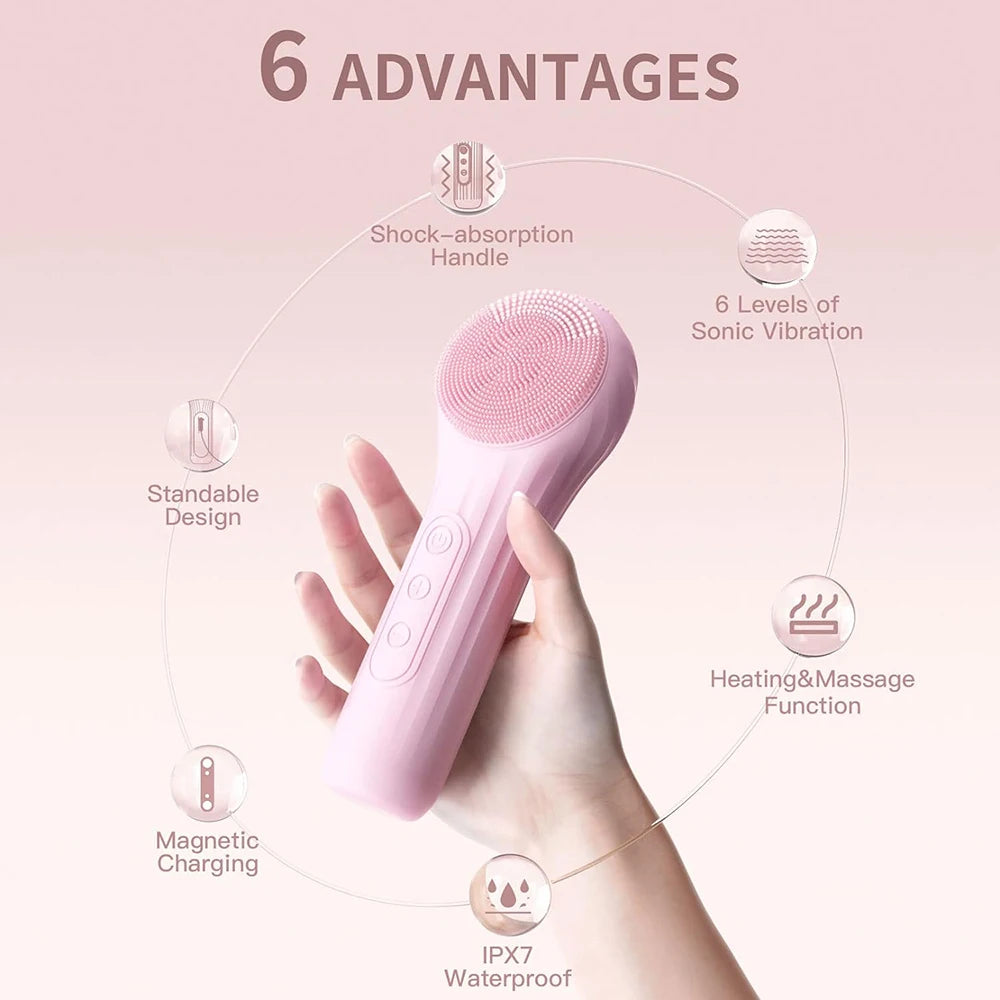 GLOMEVE Sonic Silicone Facial Cleansing Brush – IPX7 Waterproof, Heated Massage & 5-Mode Deep Clean