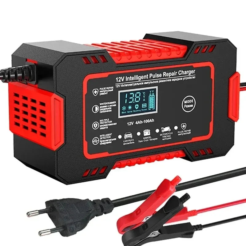 12V 6A Smart Car Battery Charger — LCD Touch Screen Pulse Repair for AGM, GEL & Lead Acid Batteries