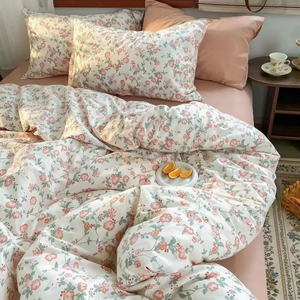 Vintage Floral Duvet Cover Set – Korean Ins Style Bedding Kit with Flat Sheet & Pillowcases, Single to Queen
