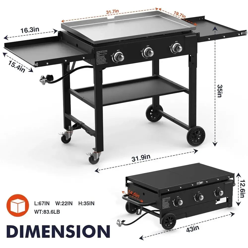 Portable Triple Burner Propane Griddle Grill | 45,000 BTU, 625 Sq. In. Flat Top, Adjustable Shelves, Rust-Resistant, Outdoor BBQ & Griddle