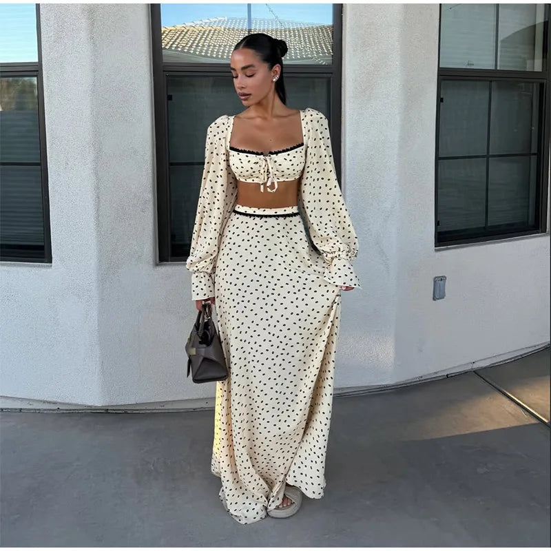 Polka Dot Puff Sleeve Crop Top & Maxi Skirt Set — Square Neck Tie-Front Vacation Outfit